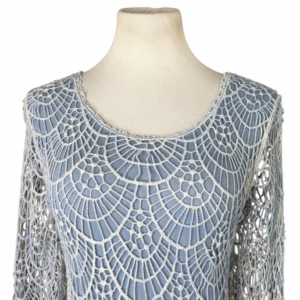 V Cristina Cornflower Blue Lace Crochet Overlay Long Sleeve Blouse - Size Large - Picture 2 of 12